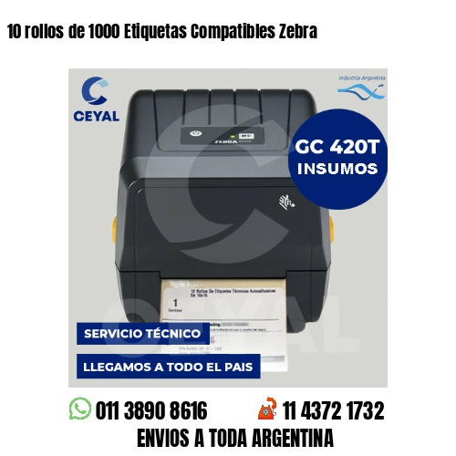 10 rollos de 1000 Etiquetas Compatibles Zebra 