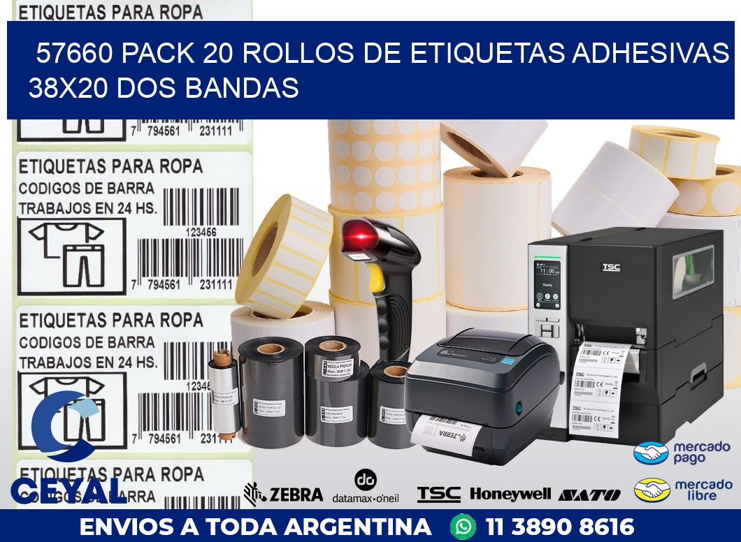 57660 PACK 20 ROLLOS DE ETIQUETAS ADHESIVAS 38X20 DOS BANDAS