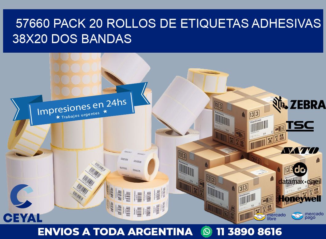 57660 PACK 20 ROLLOS DE ETIQUETAS ADHESIVAS 38X20 DOS BANDAS