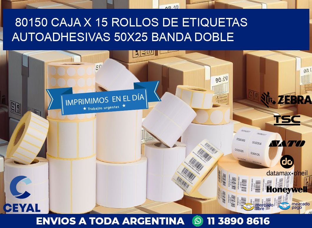 80150 CAJA X 15 ROLLOS DE ETIQUETAS AUTOADHESIVAS 50X25 BANDA DOBLE