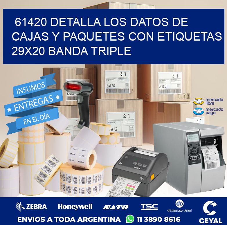 61420 DETALLA LOS DATOS DE CAJAS Y PAQUETES CON ETIQUETAS 29X20 BANDA TRIPLE