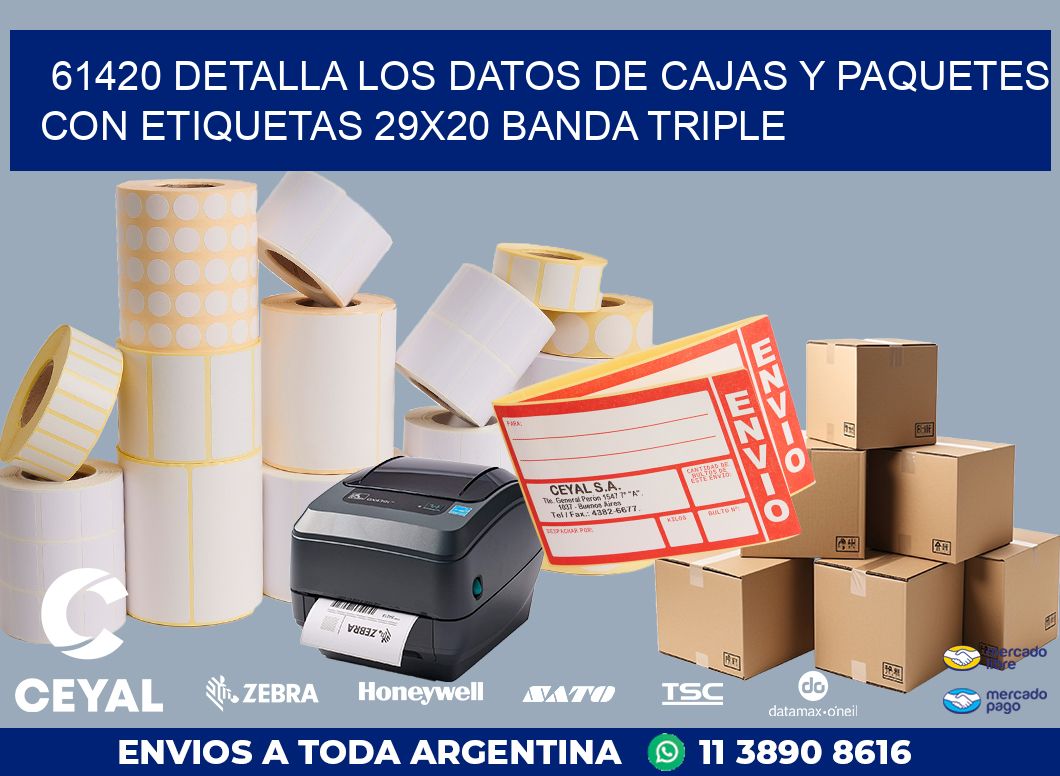 61420 DETALLA LOS DATOS DE CAJAS Y PAQUETES CON ETIQUETAS 29X20 BANDA TRIPLE