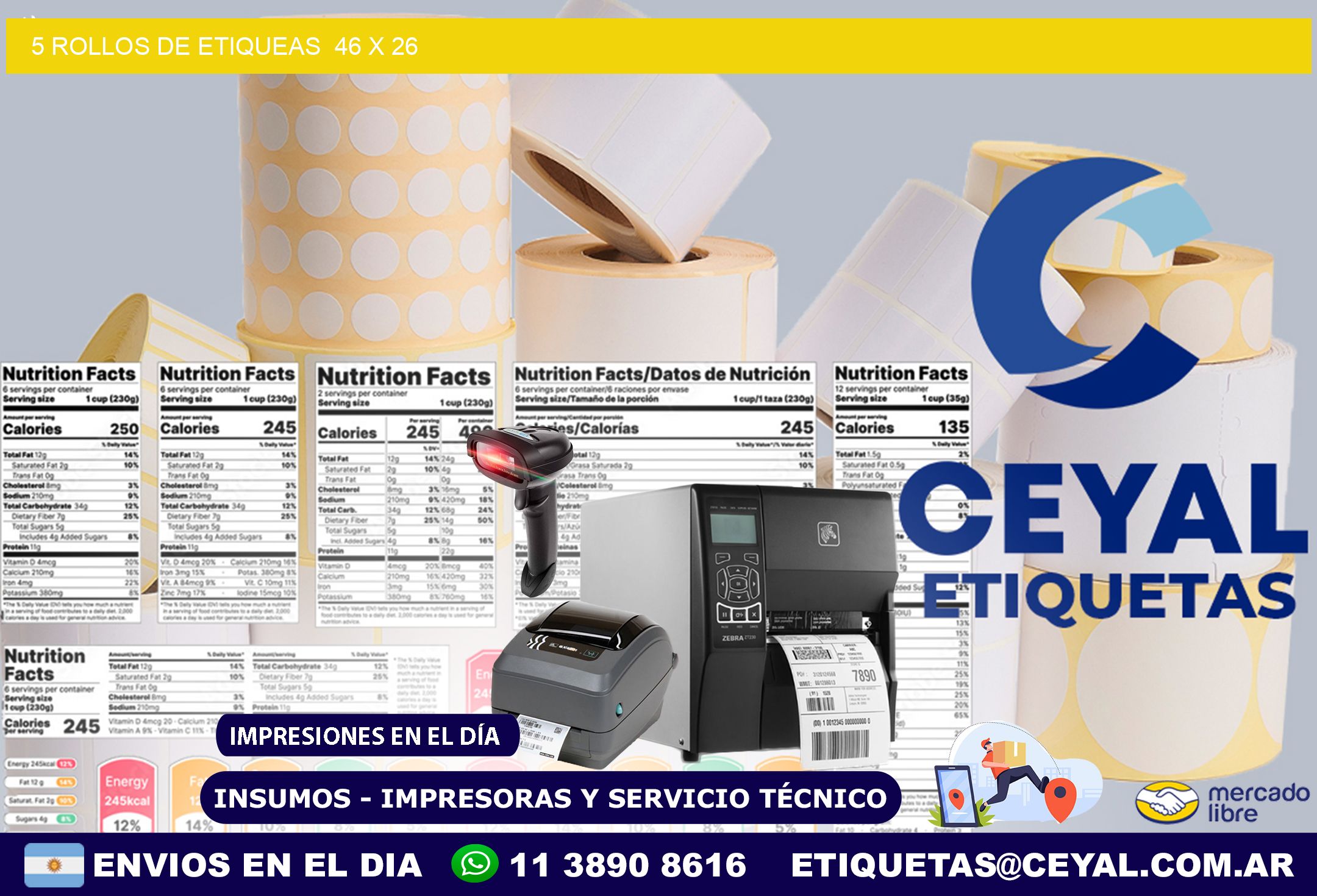 5 ROLLOS DE ETIQUEAS  46 x 26