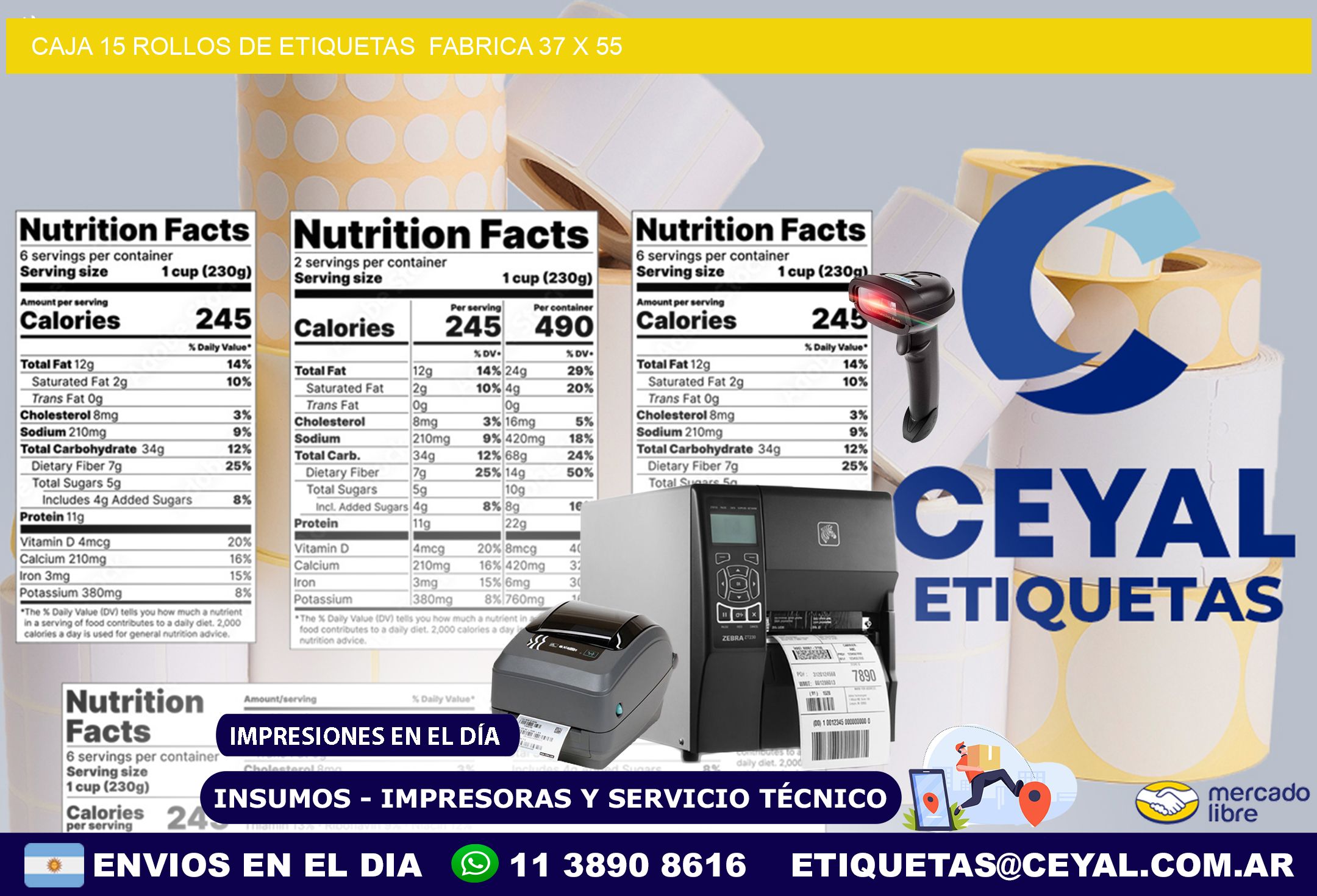CAJA 15 ROLLOS DE ETIQUETAS  FABRICA 37 x 55