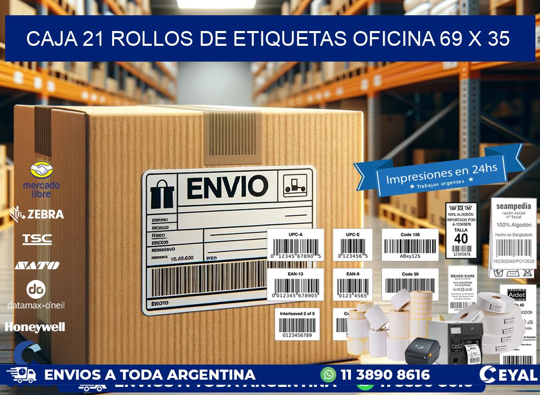 CAJA 21 ROLLOS DE ETIQUETAS OFICINA 69 x 35