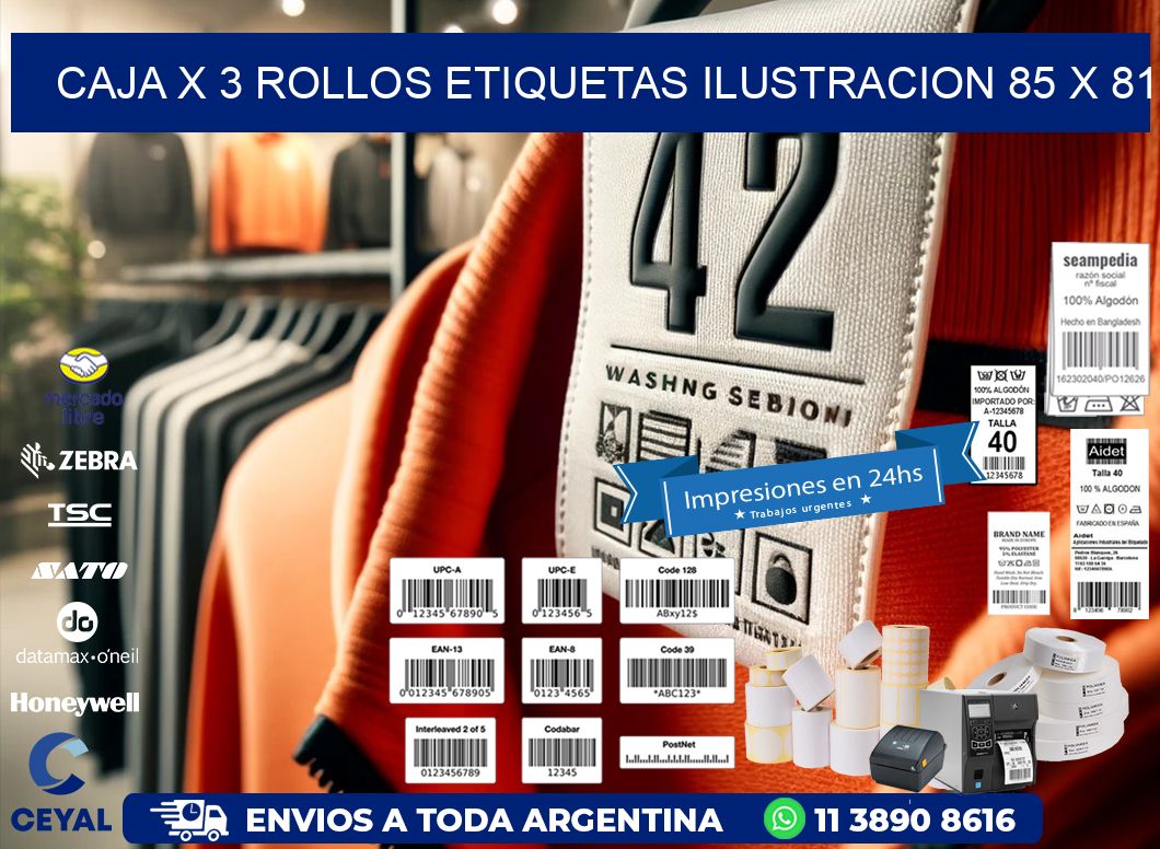 Caja X 3 Rollos Etiquetas Ilustracion 85 x 81