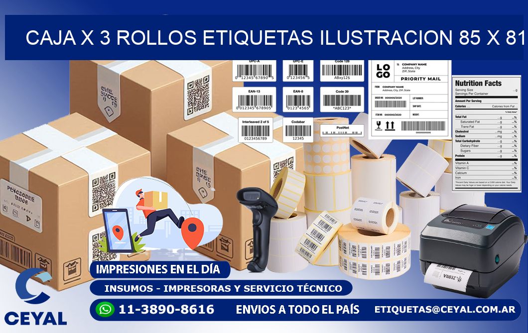 Caja X 3 Rollos Etiquetas Ilustracion 85 x 81