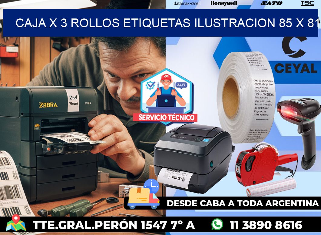 Caja X 3 Rollos Etiquetas Ilustracion 85 x 81