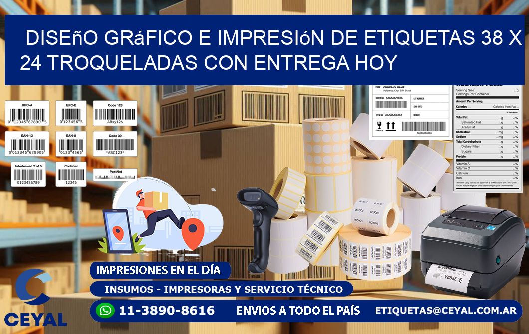 Diseño gráfico e impresión de etiquetas 38 x 24 troqueladas con entrega hoy