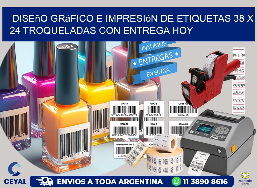Diseño gráfico e impresión de etiquetas 38 x 24 troqueladas con entrega hoy