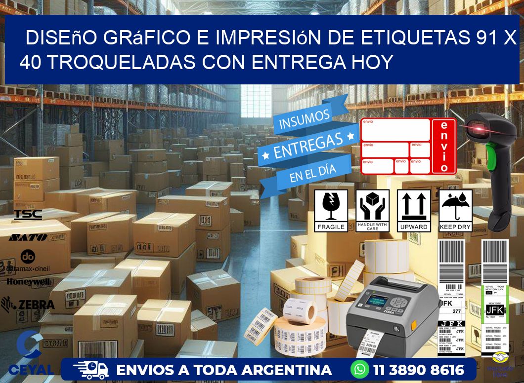 Diseño gráfico e impresión de etiquetas 91 x 40 troqueladas con entrega hoy