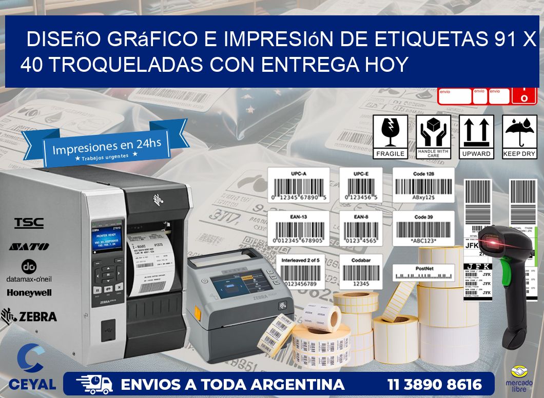 Diseño gráfico e impresión de etiquetas 91 x 40 troqueladas con entrega hoy
