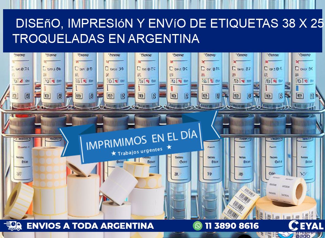 Diseño, impresión y envío de etiquetas 38 x 25 troqueladas en Argentina