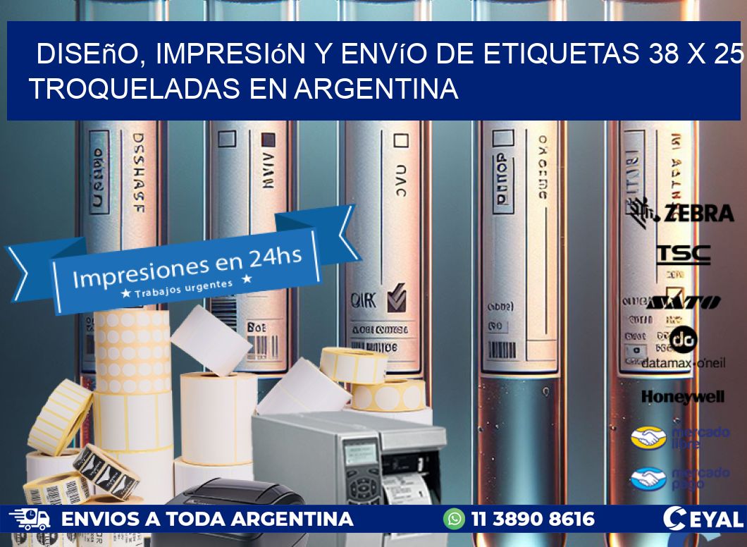Diseño, impresión y envío de etiquetas 38 x 25 troqueladas en Argentina