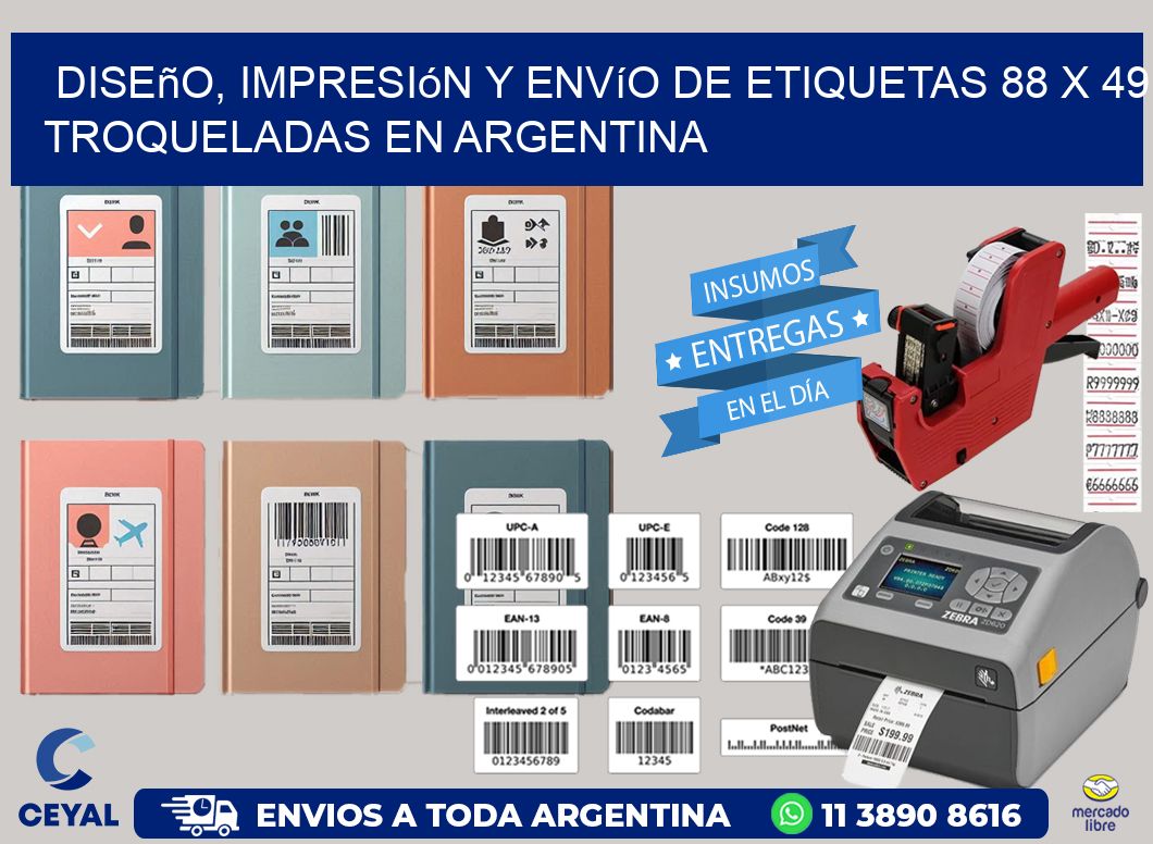 Diseño, impresión y envío de etiquetas 88 x 49 troqueladas en Argentina
