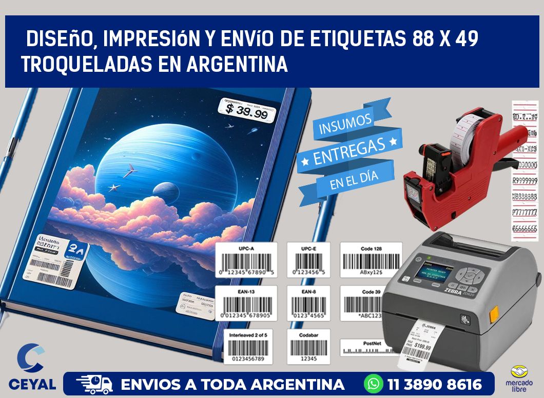 Diseño, impresión y envío de etiquetas 88 x 49 troqueladas en Argentina