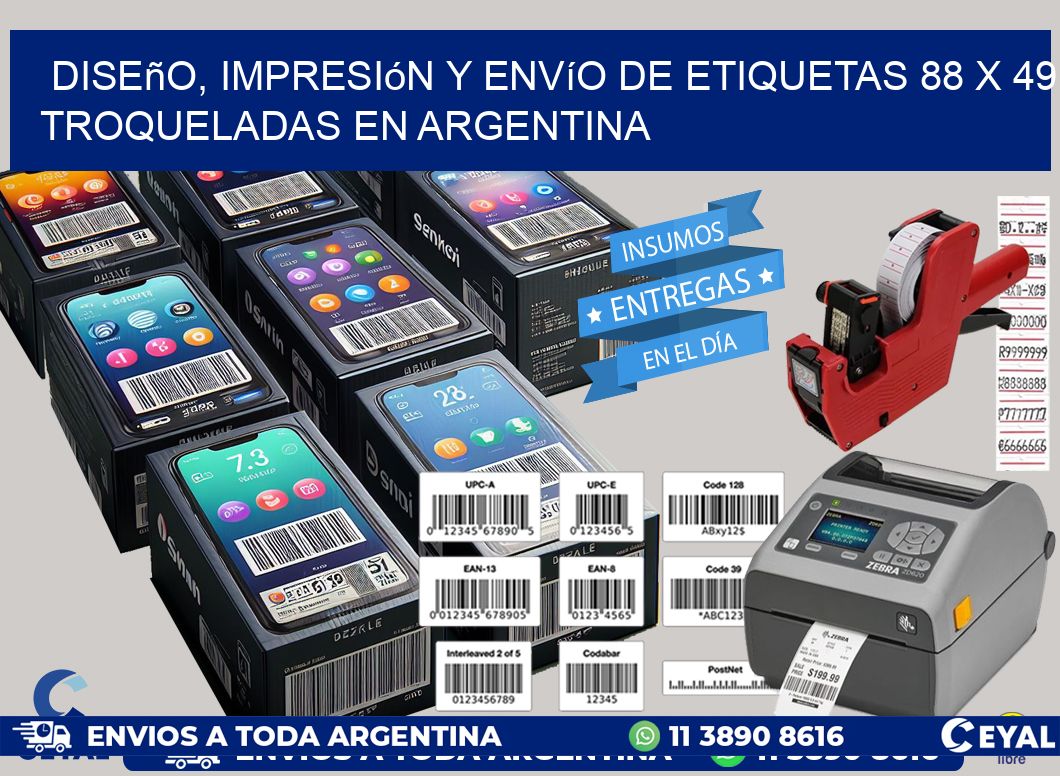 Diseño, impresión y envío de etiquetas 88 x 49 troqueladas en Argentina