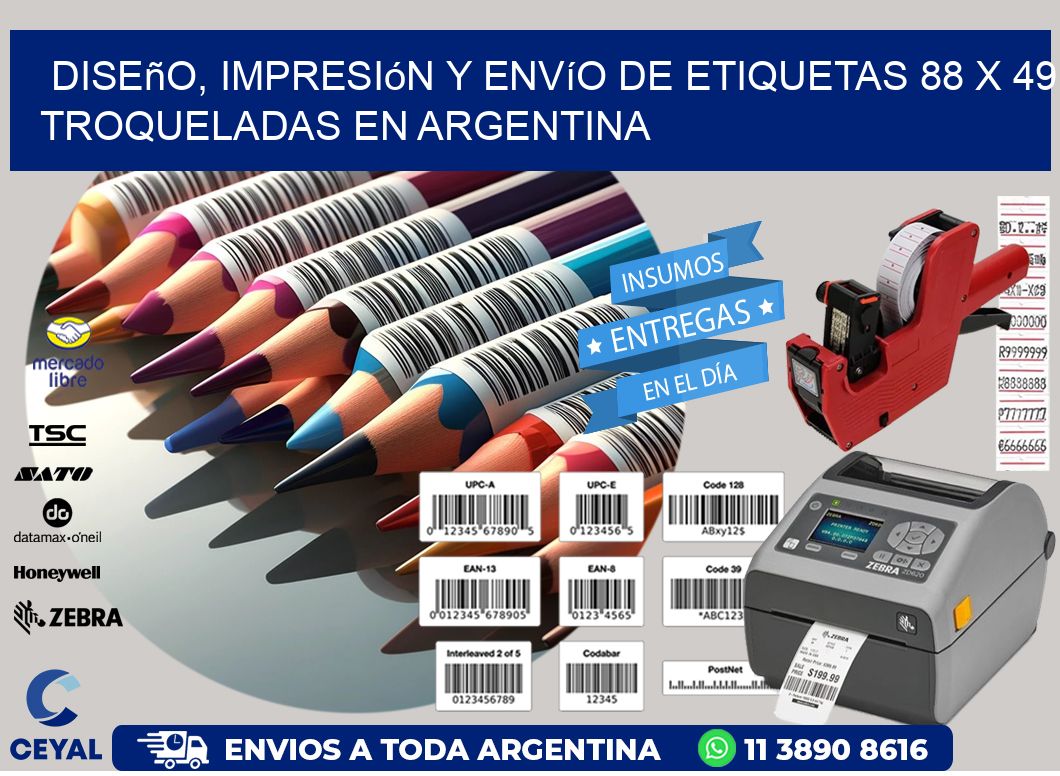 Diseño, impresión y envío de etiquetas 88 x 49 troqueladas en Argentina