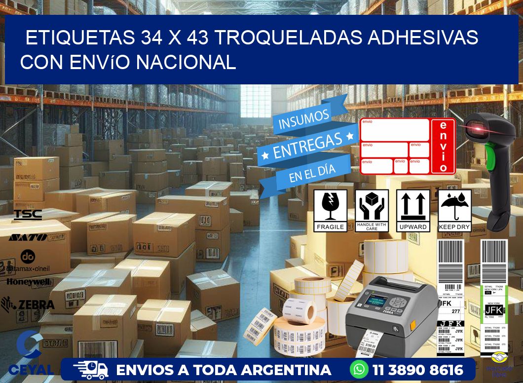 Etiquetas 34 x 43 troqueladas adhesivas con envío nacional