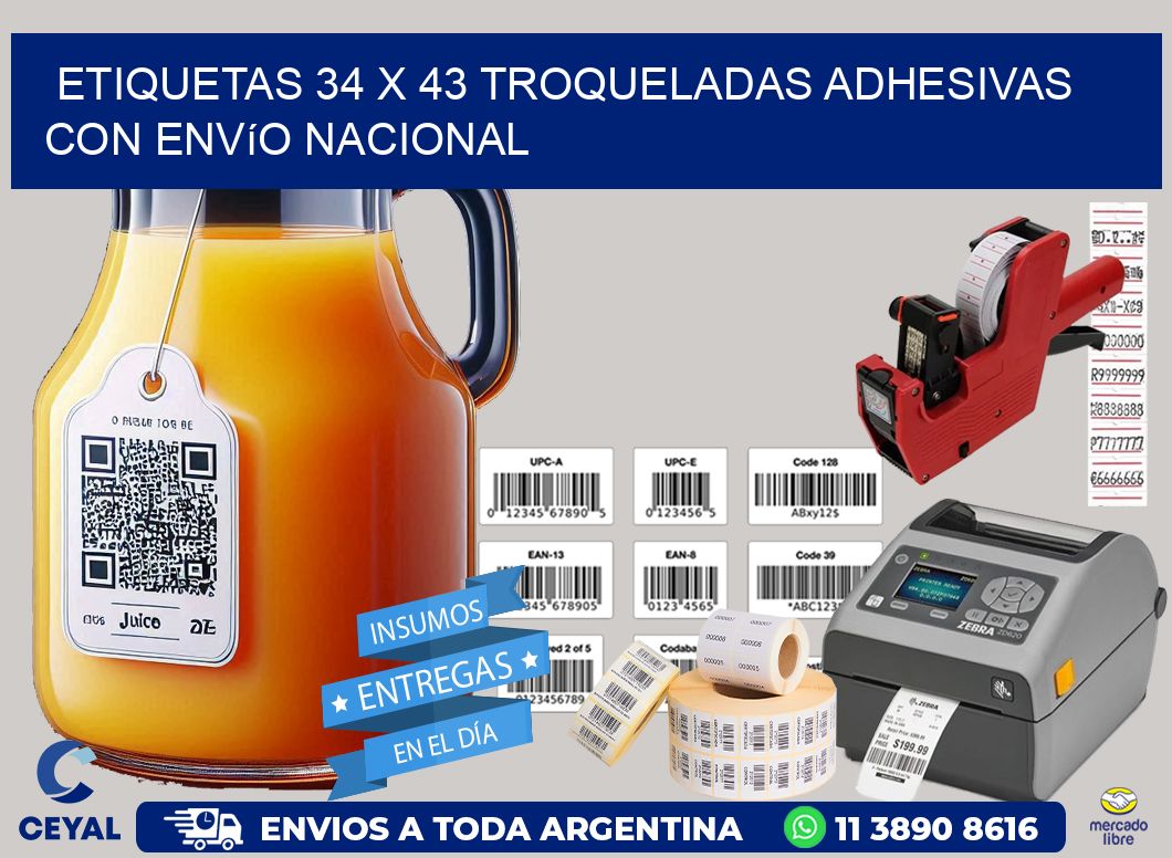 Etiquetas 34 x 43 troqueladas adhesivas con envío nacional