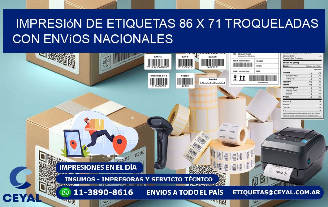 Impresión de etiquetas 86 x 71 troqueladas con envíos nacionales