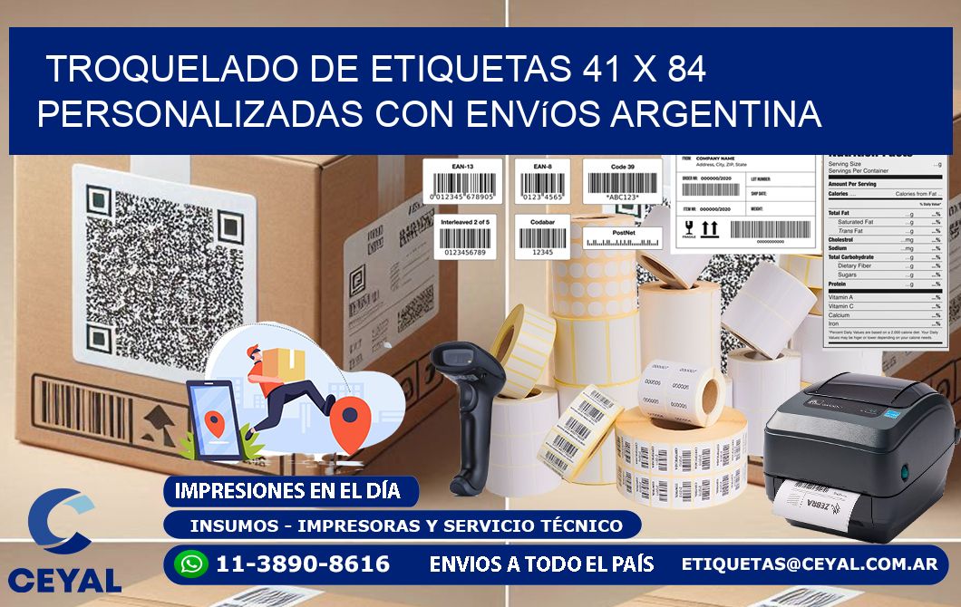 Troquelado de etiquetas 41 x 84 personalizadas con envíos Argentina