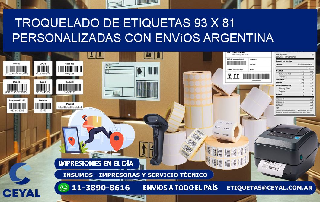 Troquelado de etiquetas 93 x 81 personalizadas con envíos Argentina