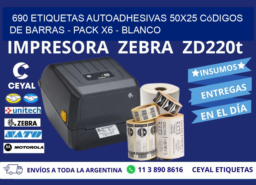 690 Etiquetas Autoadhesivas 50x25 Códigos De Barras - Pack X6 - Blanco