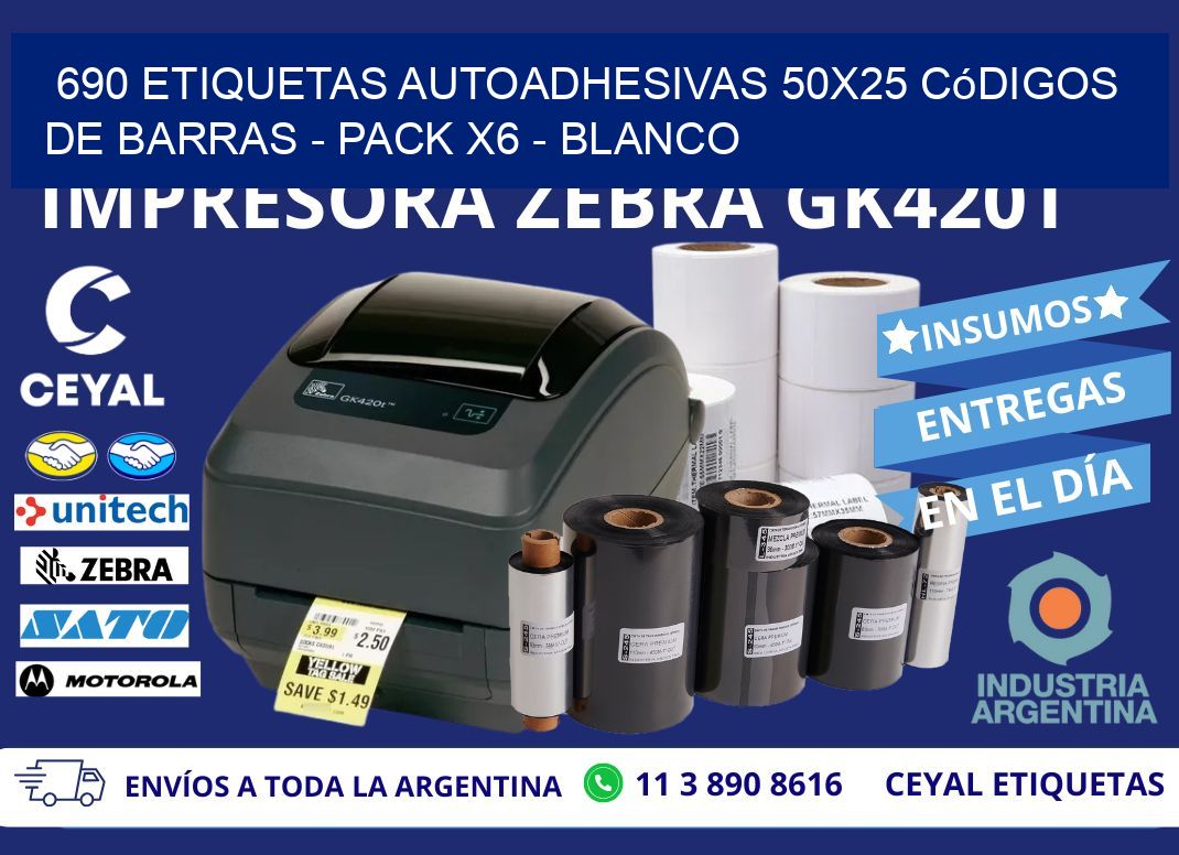 690 Etiquetas Autoadhesivas 50x25 Códigos De Barras - Pack X6 - Blanco