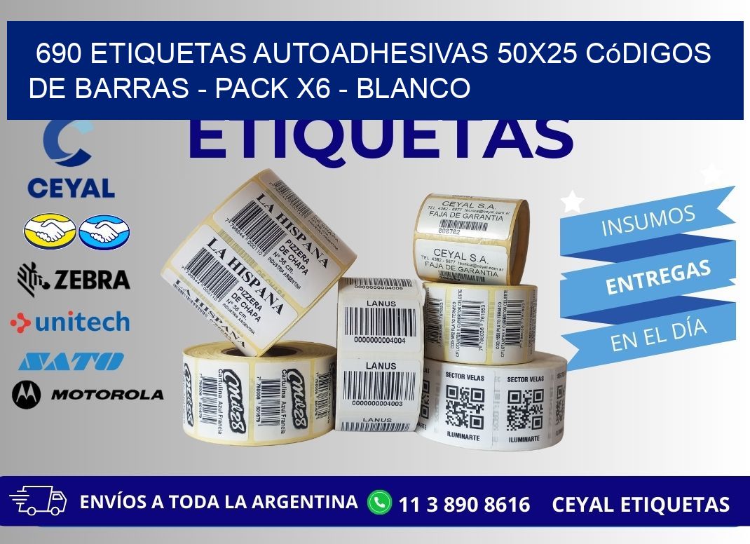 690 Etiquetas Autoadhesivas 50x25 Códigos De Barras - Pack X6 - Blanco