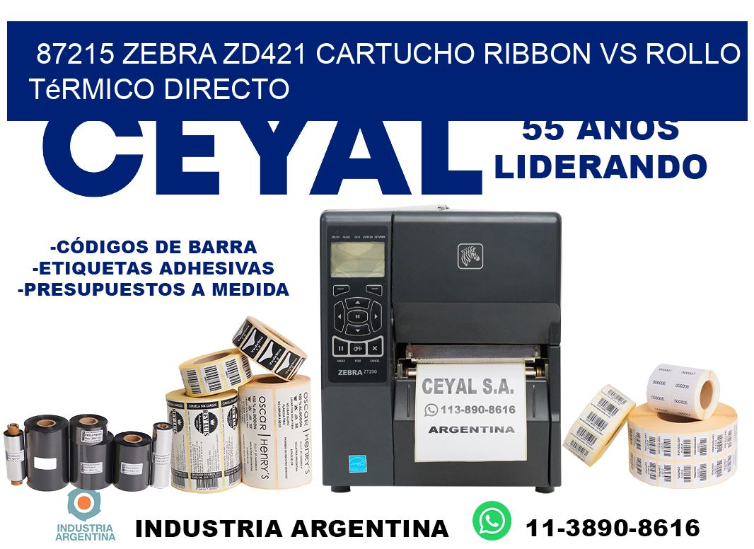 87215 Zebra ZD421 cartucho ribbon vs rollo térmico directo