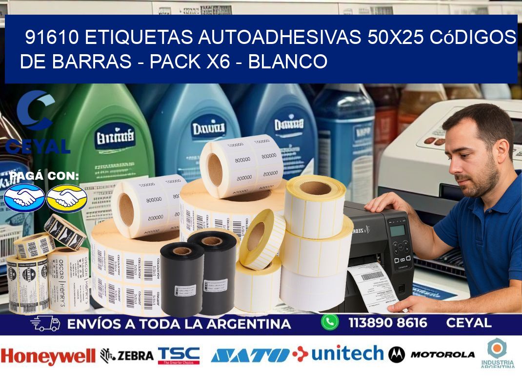 91610 Etiquetas Autoadhesivas 50x25 Códigos De Barras - Pack X6 - Blanco
