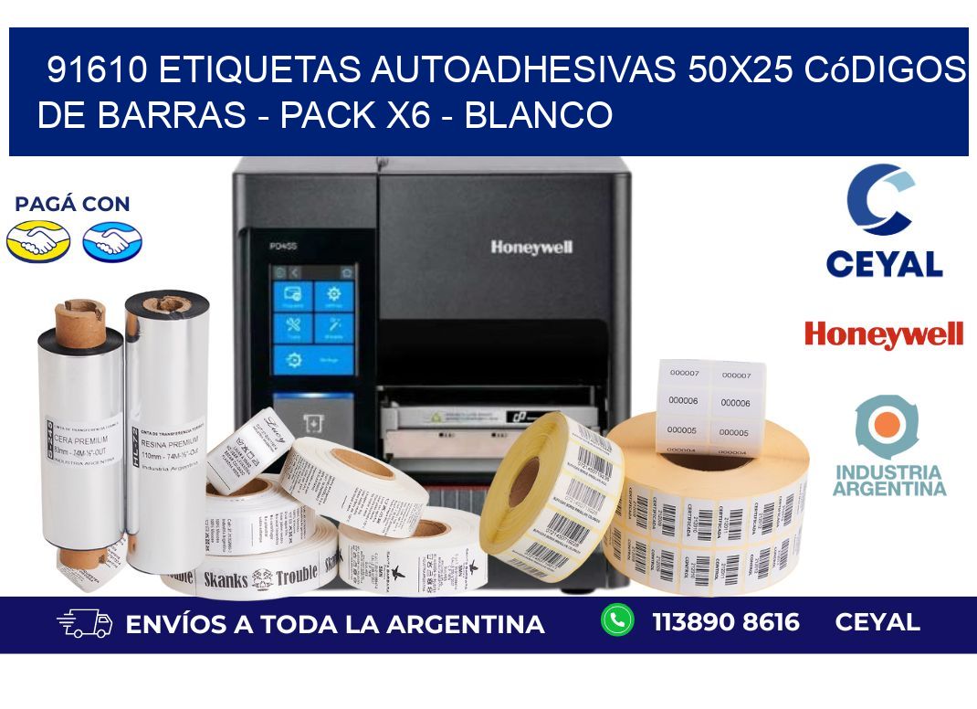 91610 Etiquetas Autoadhesivas 50x25 Códigos De Barras - Pack X6 - Blanco