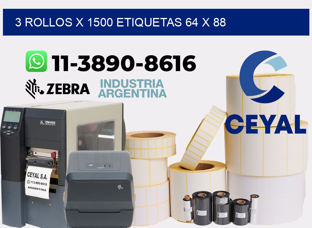 3 rollos x 1500 etiquetas 64 x 88