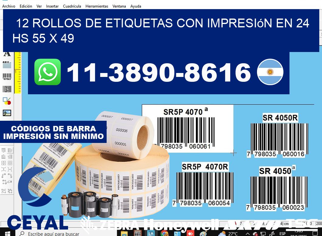12 rollos de etiquetas con impresión en 24 hs 55 x 49