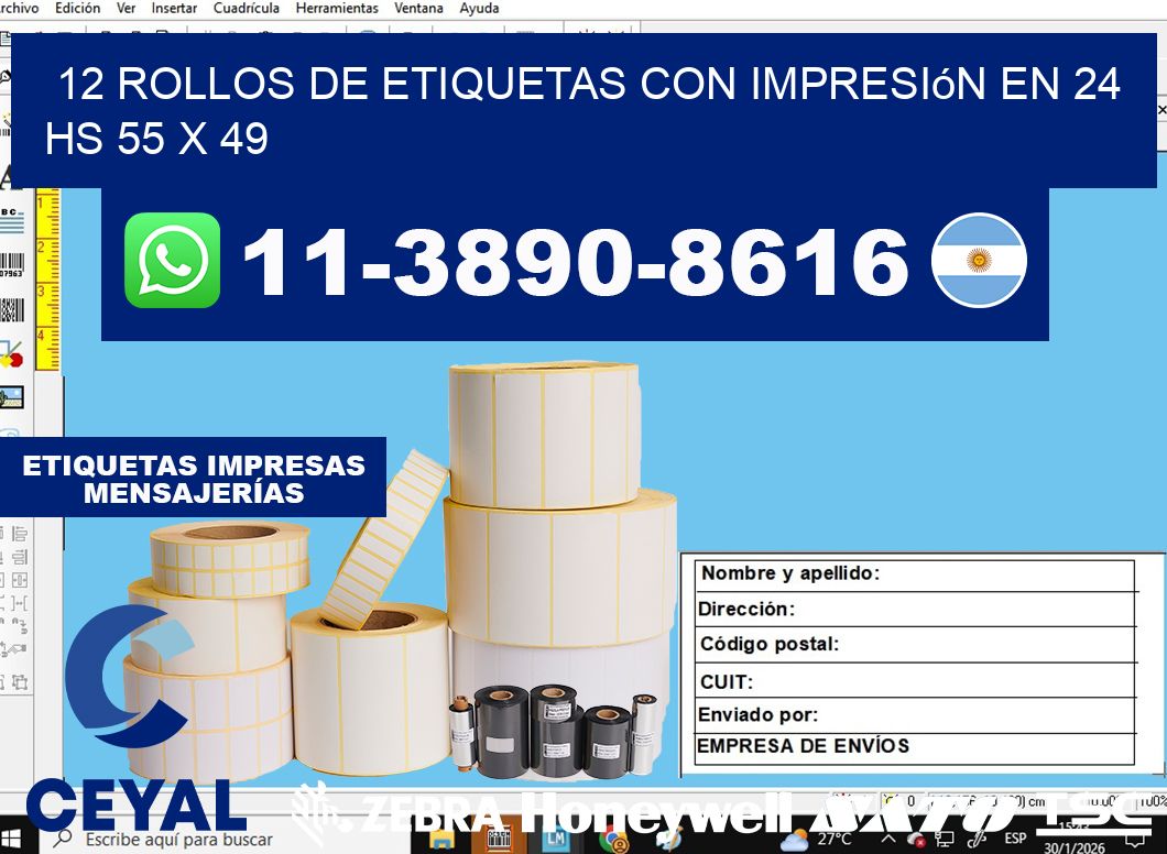 12 rollos de etiquetas con impresión en 24 hs 55 x 49
