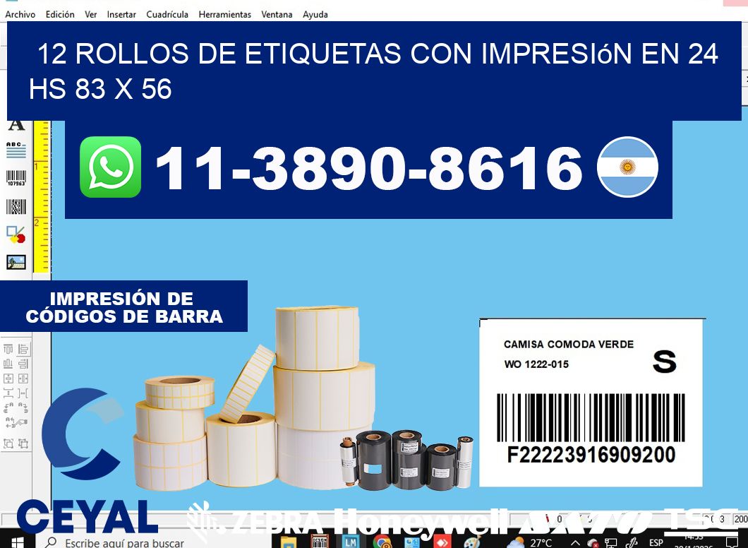 12 rollos de etiquetas con impresión en 24 hs 83 x 56