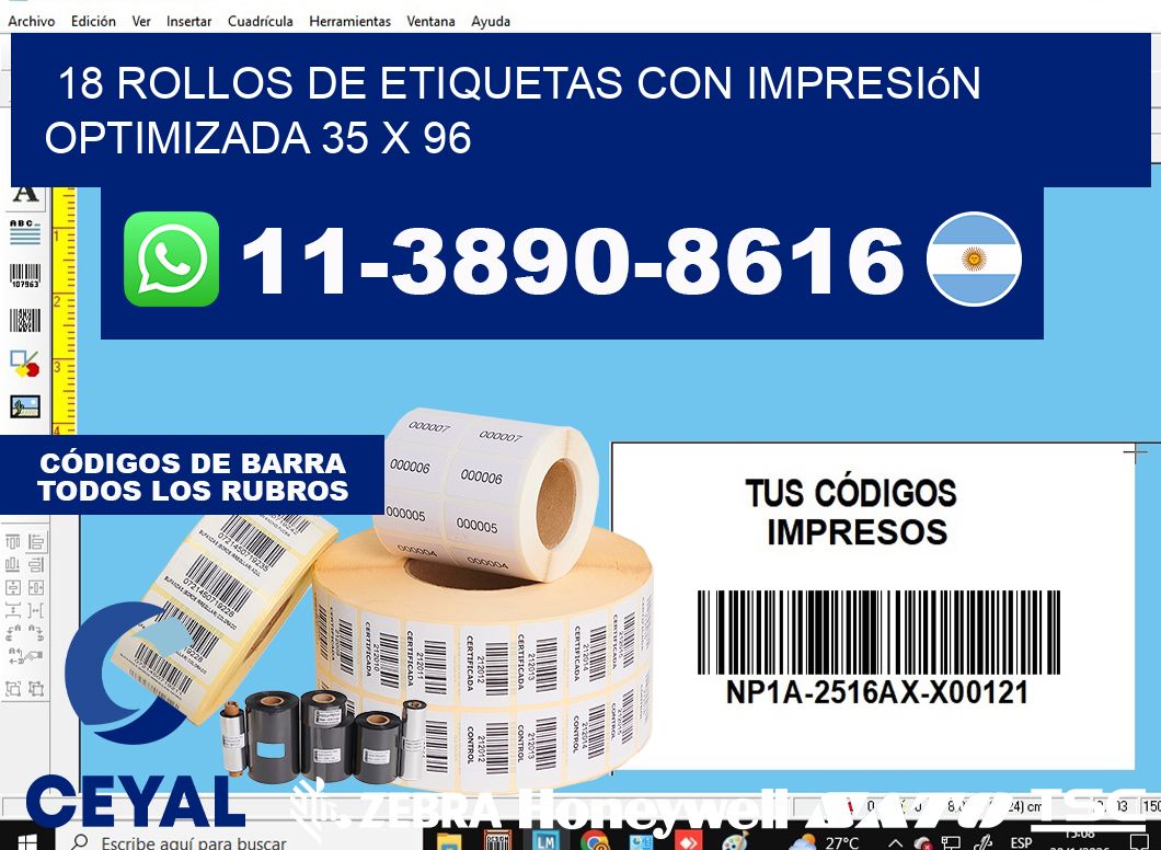 18 rollos de etiquetas con impresión optimizada 35 x 96
