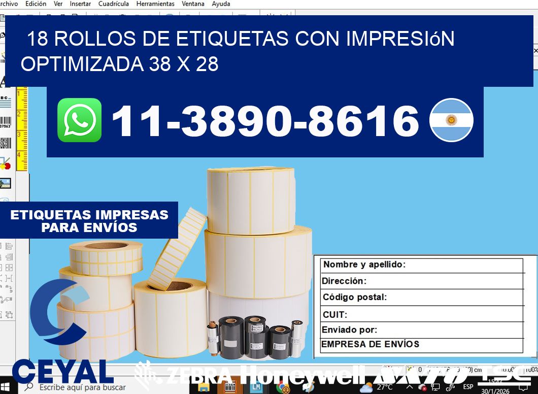 18 rollos de etiquetas con impresión optimizada 38 x 28