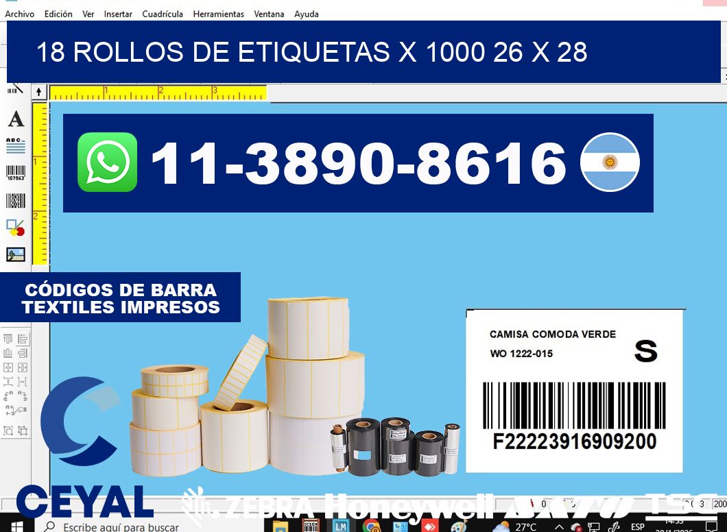 18 rollos de etiquetas x 1000 26 x 28