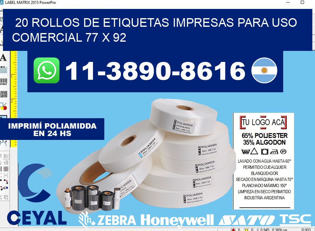 20 rollos de etiquetas impresas para uso comercial 77 x 92