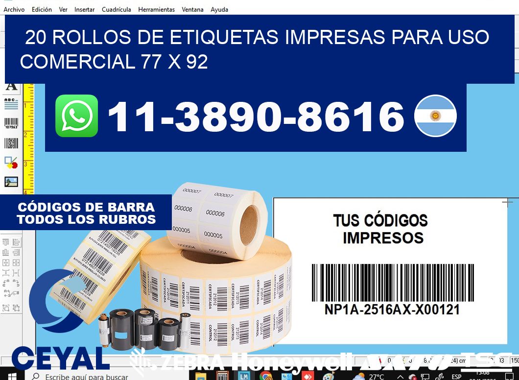 20 rollos de etiquetas impresas para uso comercial 77 x 92