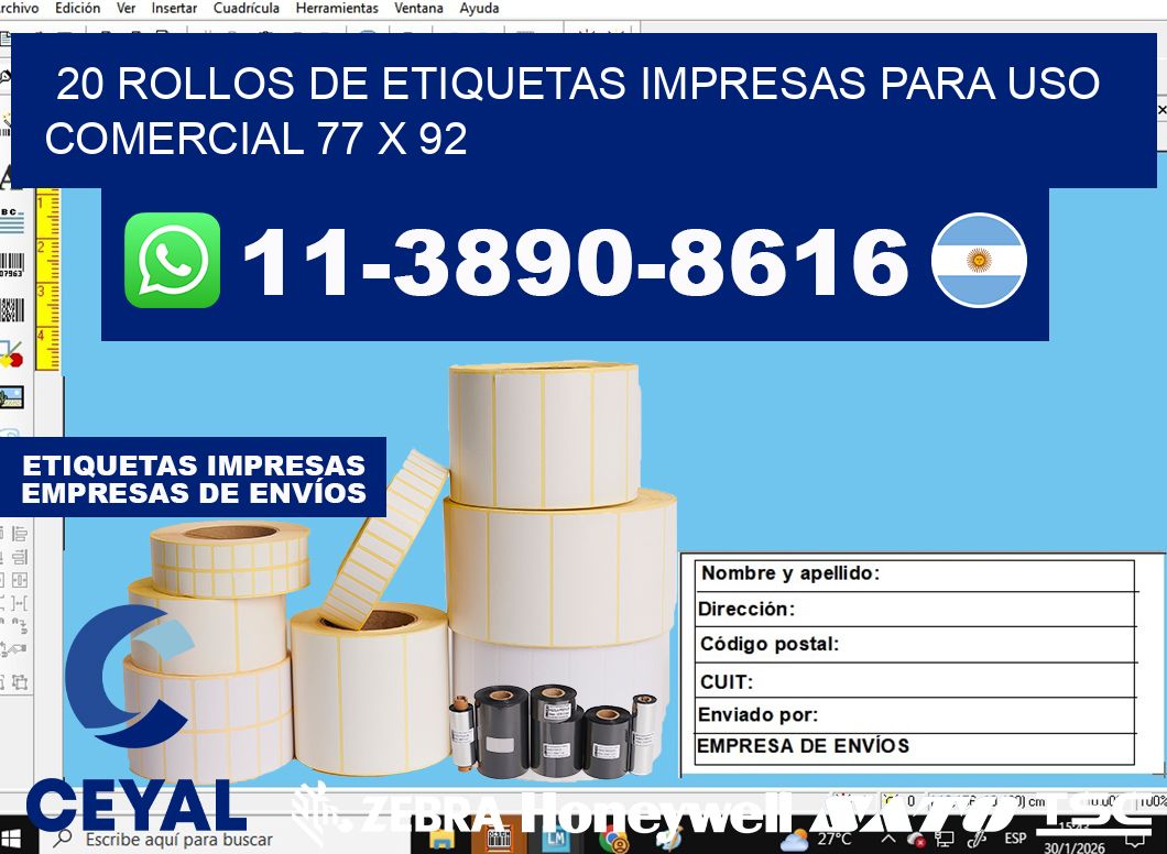 20 rollos de etiquetas impresas para uso comercial 77 x 92