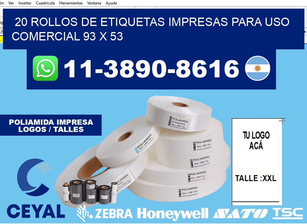 20 rollos de etiquetas impresas para uso comercial 93 x 53