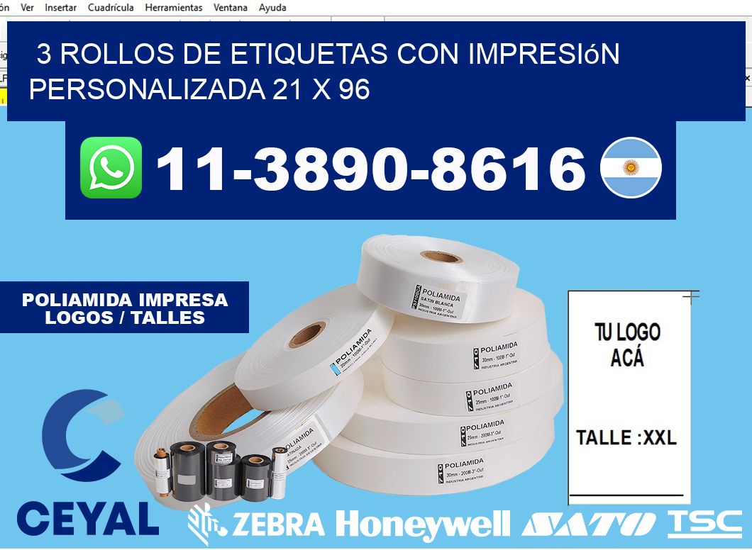 3 rollos de etiquetas con impresión personalizada 21 x 96
