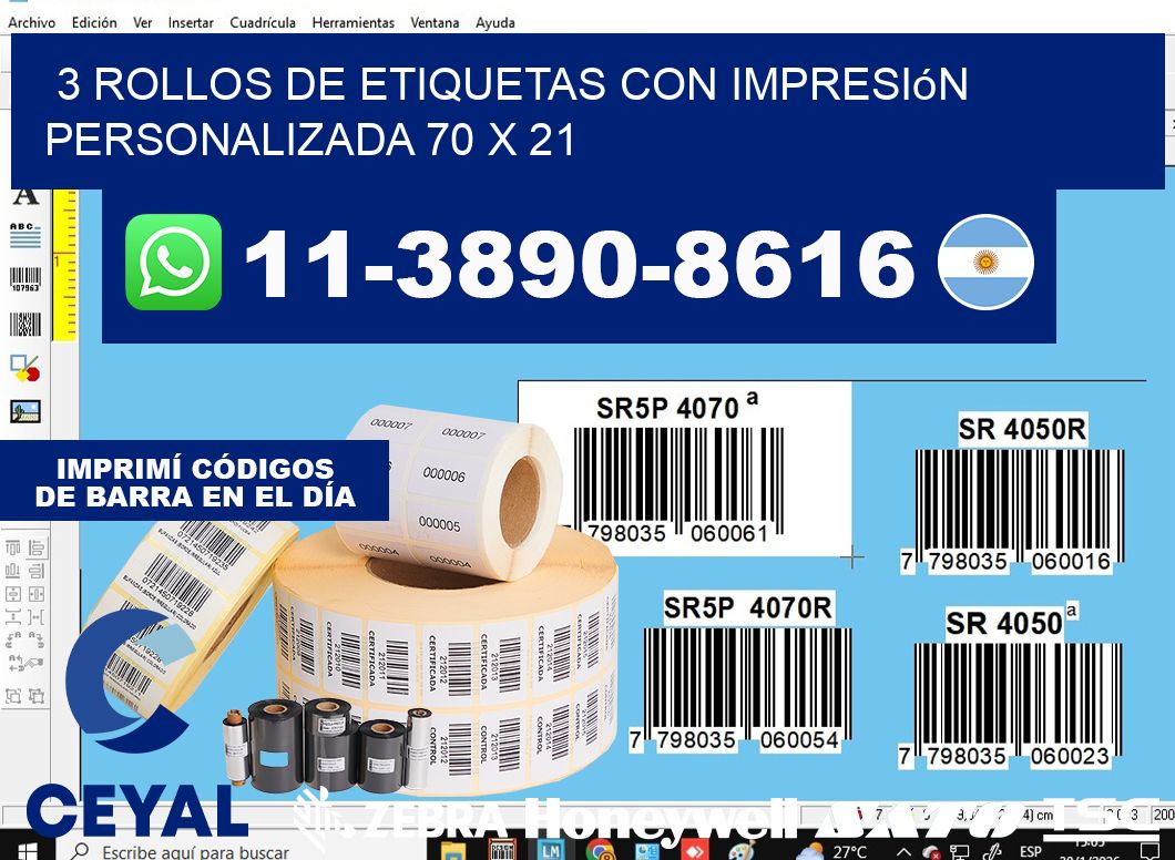 3 rollos de etiquetas con impresión personalizada 70 x 21