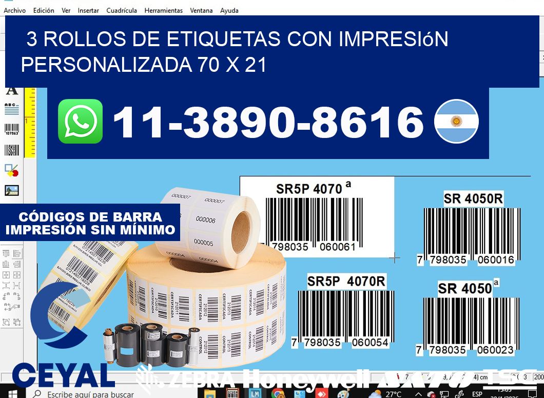 3 rollos de etiquetas con impresión personalizada 70 x 21