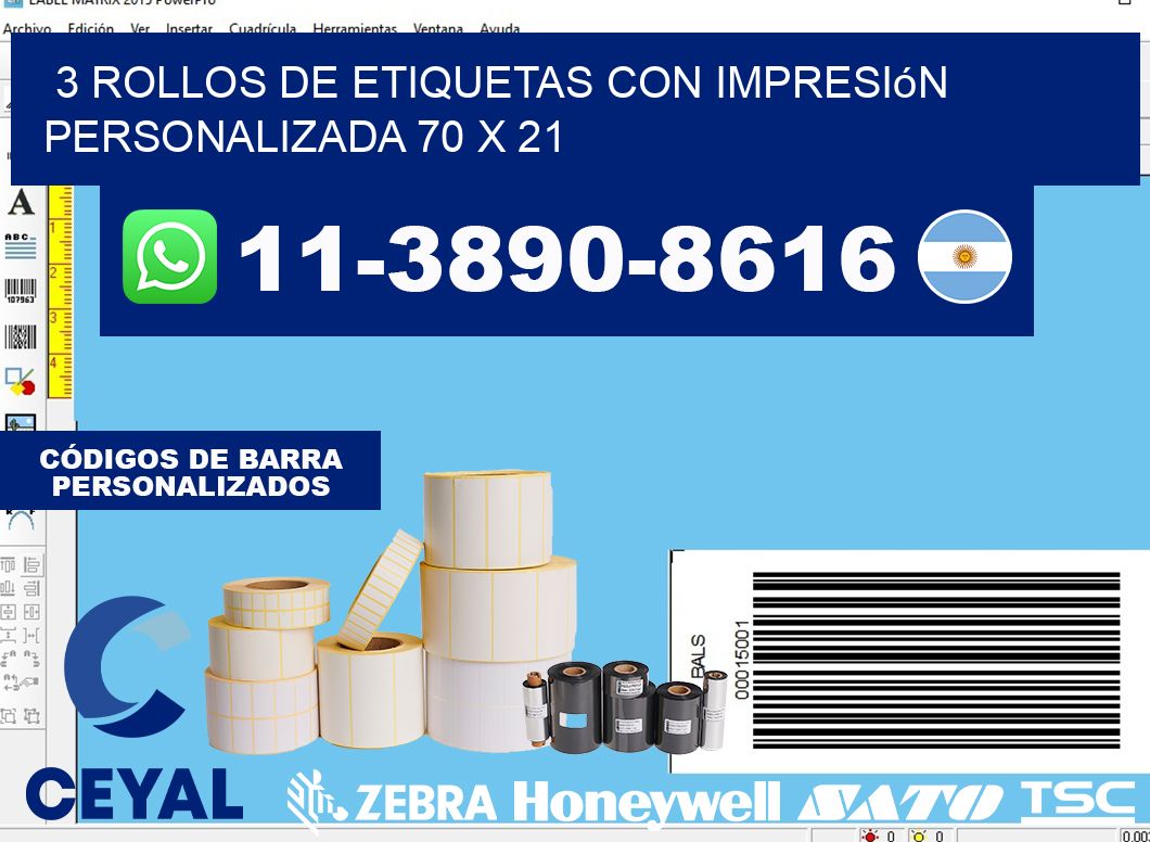 3 rollos de etiquetas con impresión personalizada 70 x 21