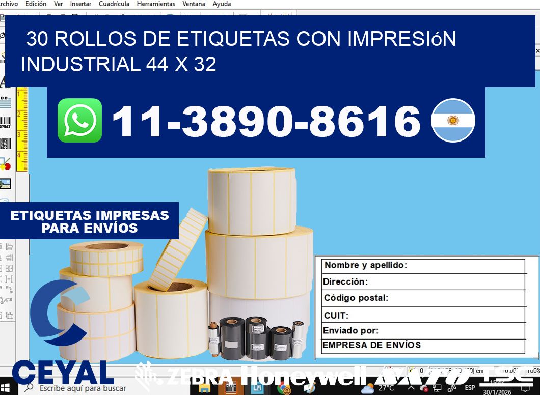 30 rollos de etiquetas con impresión industrial 44 x 32