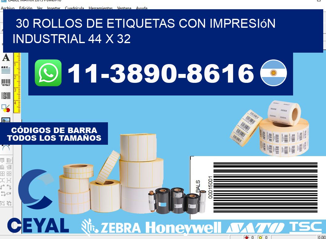 30 rollos de etiquetas con impresión industrial 44 x 32